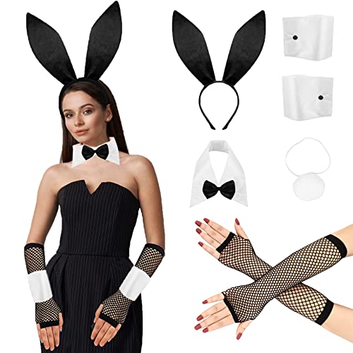 Ctxtqtdt Bunny Kostüm Frauen Set, Hasenohren Haarreif + Fliege + Kostüm Manschetten + Hasenschwanz + Netzhandschuhe, Bunny Suit für Valentinstag Ostern Karneval Halloween Cosplay (A) von Ctxtqtdt