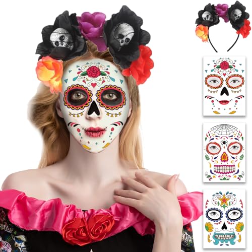 Ctxtqtdt Dia de Los Muertos Haarreif mit Gesicht Tattoos, Tag der Toten Haarschmuck, Halloween Haarschmuck Damen, Blumen Haarband für Halloween Karneval Fasching Mottoparty (Mehrfarbig) von Ctxtqtdt