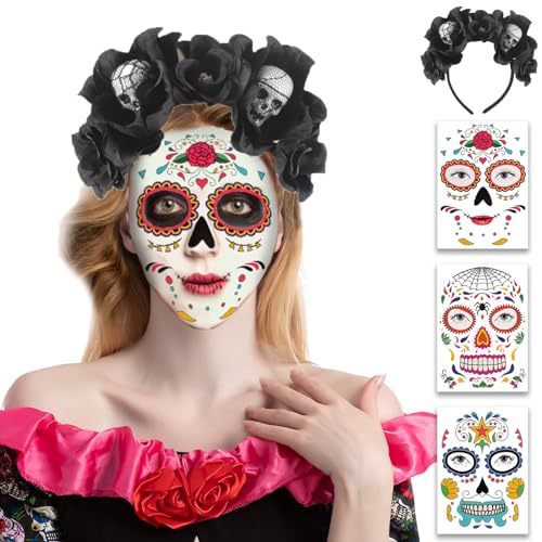 Ctxtqtdt Dia de Los Muertos Haarreif mit Gesicht Tattoos, Tag der Toten Haarschmuck, Halloween Haarschmuck Damen, Blumen Haarband für Halloween Karneval Fasching Mottoparty (Schwarz) von Ctxtqtdt