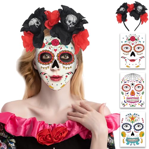 Ctxtqtdt Dia de Los Muertos Haarreif mit Gesicht Tattoos, Tag der Toten Haarschmuck, Halloween Haarschmuck Damen, Blumen Haarband für Halloween Karneval Fasching Mottoparty (Schwarz Rot) von Ctxtqtdt