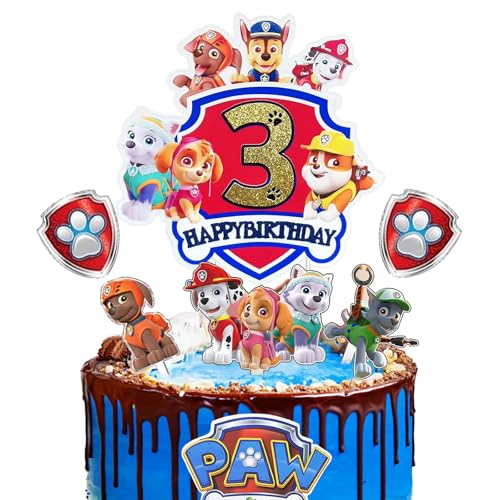 Ctxtqtdt Paw Dog Tortendeko 3. Geburtstag Junge Mädchen, Paw Dog Cake Topper 3. Geburtstag, Kuchen Deko Set, Happy Birthday Topper für Kinder Geburtstag Party Supplies (3) von Ctxtqtdt