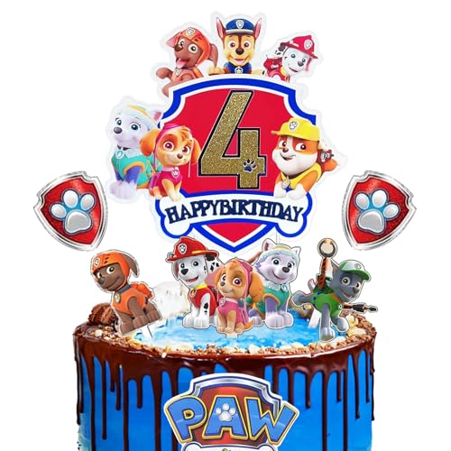 Ctxtqtdt Paw Dog Tortendeko 4. Geburtstag Junge Mädchen, Paw Dog Cake Topper 4. Geburtstag, Kuchen Deko Set, Happy Birthday Topper für Kinder Geburtstag Party Supplies (4) von Ctxtqtdt