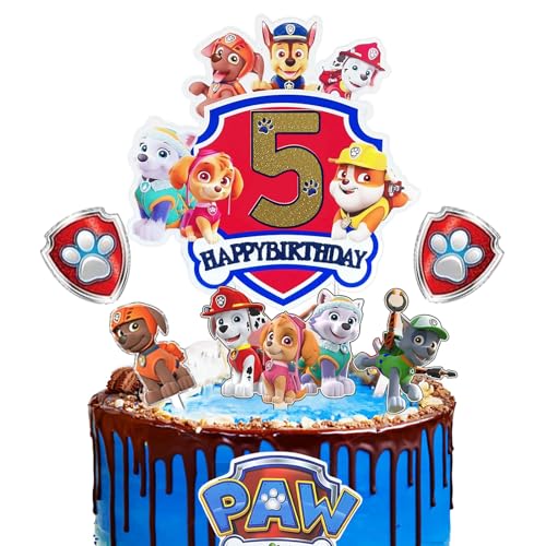 Ctxtqtdt Paw Dog Tortendeko 5. Geburtstag Junge Mädchen, Paw Dog Cake Topper 5. Geburtstag, Kuchen Deko Set, Happy Birthday Topper für Kinder Geburtstag Party Supplies (5) von Ctxtqtdt