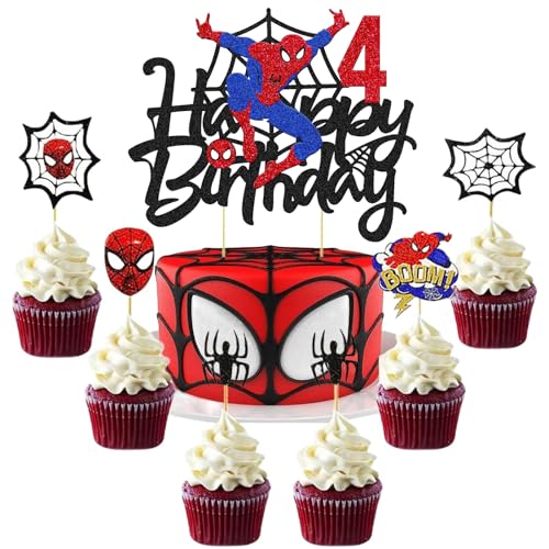 Ctxtqtdt Spider Tortendeko 4. Geburtstag Junge, Spider Cake Topper 4. Geburtstag, Kuchen Deko Set, Happy Birthday Topper für Kinder Geburtstag Party Supplies (4) von Ctxtqtdt