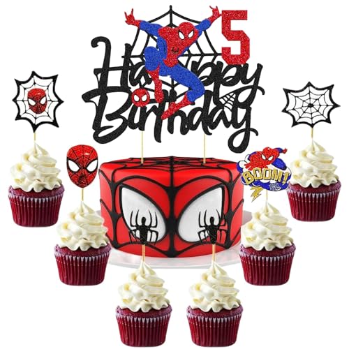 Ctxtqtdt Spider Tortendeko 5. Geburtstag Junge, Spider Cake Topper 5. Geburtstag, Kuchen Deko Set, Happy Birthday Topper für Kinder Geburtstag Party Supplies (5) von Ctxtqtdt