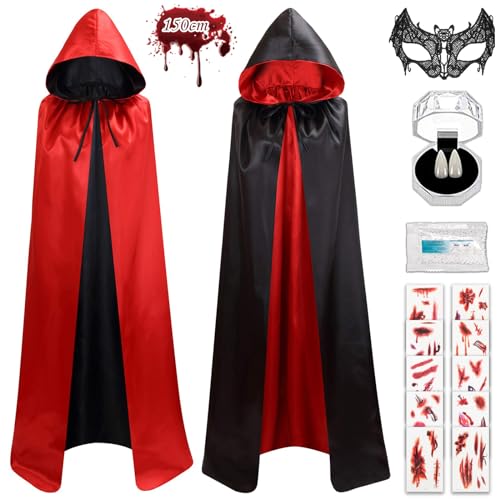 Ctxtqtdt Vampir Umhang Erwachsene 150 cm, Halloween Kostüm Vampir Set, Unisex Vampir Kostüm, Kapuzenumhang Schwarz Rot Doppelseitig für Halloween Karneval Mittelalter Kostüm Party von Ctxtqtdt