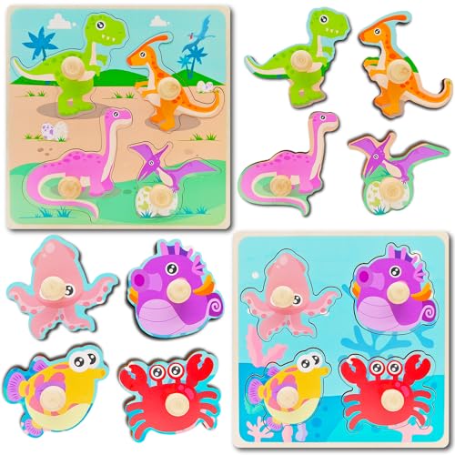 Cuackamily 2 Stück Holzpuzzle Spielzeug,Holzspielzeug Dinosaurier Holzpuzzle,Baby Motorikspielzeug Montessori Sortierspiel Spielzeug, Lernspielzeug Kinder Geschenk für 123+ Jahren Jungen und Mädchen von Cuackamily