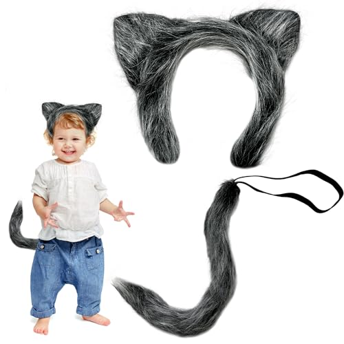 Cuackamily 2PCS Grauer Wolf Kinder Kostüm, Tier Kostüm Set, Graues Wolfsstirnband & Schwanz, Dschungel Tierkostüm für Erwachsenes Kind Karneval Halloween Cosplay Verkleidung Geburtstag Kostümzubehör von Cuackamily