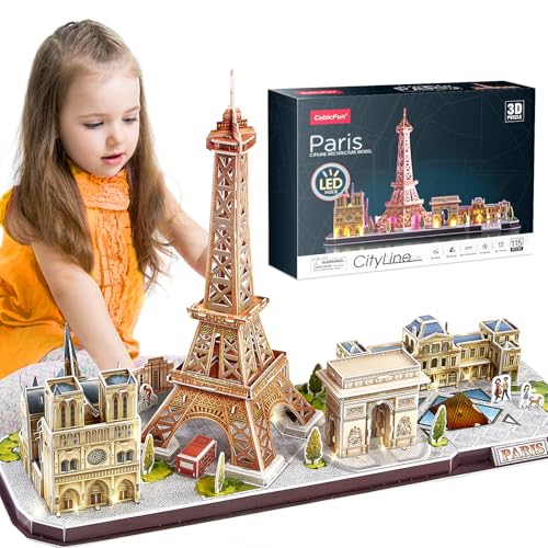 CubicFun 3D Puzzle Paris, France LED CityLine Eiffelturm, Notre Dame de Paris, Louvre, Arc de Triomphe-Deko-Kits und Souvenirgeschenk, 115 Stück von CubicFun