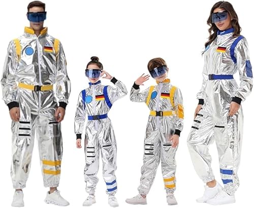 astronaut kostüm, Astronaut Kostüm mit Space Brille Kinder Herren Damen - Silber Astronautenkostüm Overall Weltall Raumfahrer Anzug Spaceman Overall Outfit Weltraum Kostüm Karneval Kostüm Faschingskos von Cubinest