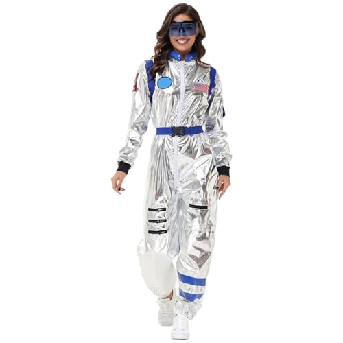 space girl kostüm damen, Astronaut Kostüm mit Space Brille Kinder Herren Damen - Silber Astronautenkostüm Overall Weltall Raumfahrer Anzug Spaceman Overall Outfit Weltraum Kostüm Karneval Kostüm Fasch von Cubinest