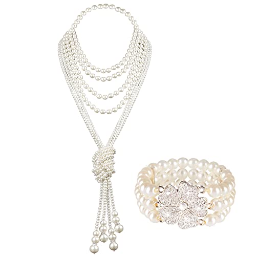 Cucudy 1920s Gatsby Kostüm Accessoires 20er Damen Flapper Accessoires Kostüm Zubehör Stirnband Halskette Handschuhe Halloween Karneval Kostüm Kleid Jahre Zubehör Set Retro Style Stirnband (Pearl set) von Cucudy