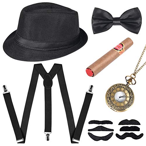 Cucudy 1920s Kostüm Herren 20er Jahre Accessoires Inklusive Panama Gangster Hut Verstellbar Elastisch Hosenträger Herren Halsschleife Fliege （Schwarz） von Cucudy