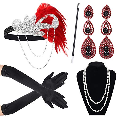 Cucudy 20er Jahre Accessoires Kostüm Damen und Herren Mafia Gatsby Kostüm Set Art Deco Flapper Party 1920s Gatsby Schmuck Damen Federboa Stirnband Accessoires Abschlussball Event (1) von Cucudy