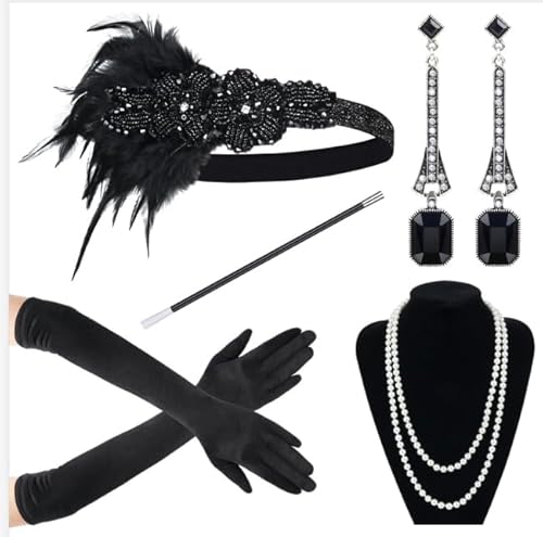 Cucudy 20er Jahre Accessoires Kostüm Damen und Herren Mafia Gatsby Kostüm Set Art Deco Flapper Party 1920s Gatsby Schmuck Damen Federboa Stirnband Accessoires Abschlussball Event (2) von Cucudy