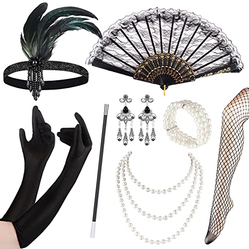 Cucudy 20er Jahre Accessoires Kostüm Damen und Herren Mafia Gatsby Kostüm Set Art Deco Flapper Party 1920s Gatsby Schmuck Damen Federboa Stirnband Accessoires Abschlussball Event (4) von Cucudy