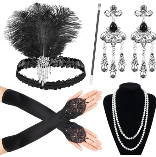 Cucudy 20er Jahre Accessoires Kostüm Damen und Herren Mafia Gatsby Kostüm Set Art Deco Flapper Party 1920s Gatsby Schmuck Damen Federboa Stirnband Accessoires Abschlussball Event (5) von Cucudy