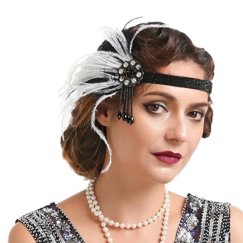 Cucudy Retro Stil 20er Jahre Accessoires Kostüm Damen und Herren Mafia Gatsby Kostüm Set Art Deco Flapper Party 1920s Gatsby Schmuck Damen Federboa Stirnband Accessoires Abschlussball Event von Cucudy