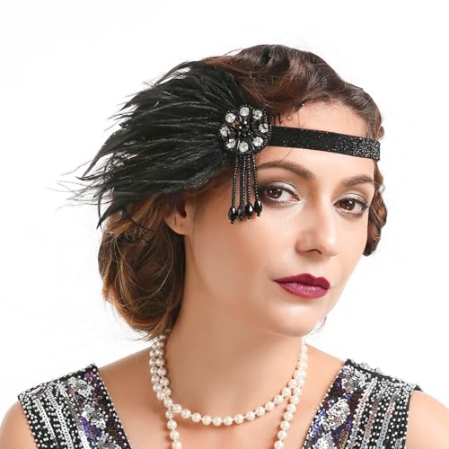 Cucudy Retro Stil 20er Jahre Accessoires Kostüm Damen und Herren Mafia Gatsby Kostüm Set Art Deco Flapper Party 1920s Gatsby Schmuck Damen Federboa Stirnband Accessoires Abschlussball Event von Cucudy