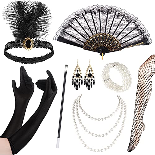 Cucudy 20er Jahre Accessoires Kostüm Damen und Herren Mafia Gatsby Kostüm Set Art Deco Flapper Party 1920s Gatsby Schmuck Damen Federboa Stirnband Accessoires Abschlussball Event (1) von Cucudy