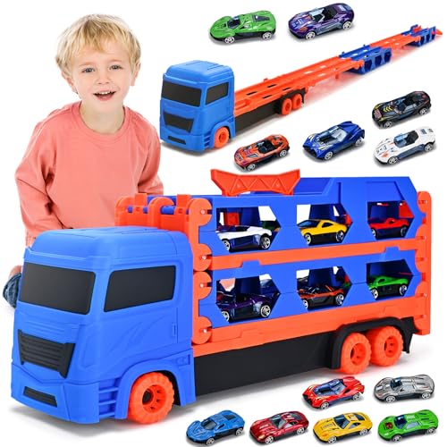 Cugybue Transport Truck Spielzeugautos mit 12 Rennautos, Tragbares Rennbahn Truck Spielzeugauto für Jungen im Alter von 3,4,5, 6 Jahr Jungen Kinder,Transporter Fahrzeug Spielzeug Set für Kinder,Blau von Cugybue