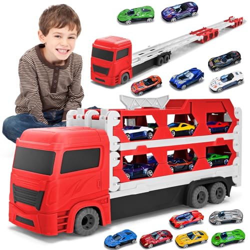 Cugybue Transport Truck Spielzeugautos mit 12 Rennautos, Tragbares Rennbahn Truck Spielzeugauto für Jungen im Alter von 3,4,5, 6 Jahr Jungen Kinder,Transporter Fahrzeug Spielzeug Set für Kinder,Rot von Cugybue