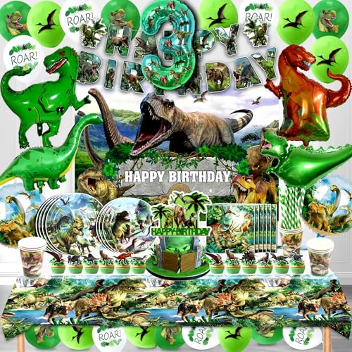 Dino Deko Kindergeburtstag 3 Jahre,Dino Luftballon Geburtstag Jungen 146 Pcs,Dinosaurier Partygeschirr Set mit Pappteller Servietten,Dino Party Deko,Dschungel Dino Ballon Geburtstag von Cuidongsheng