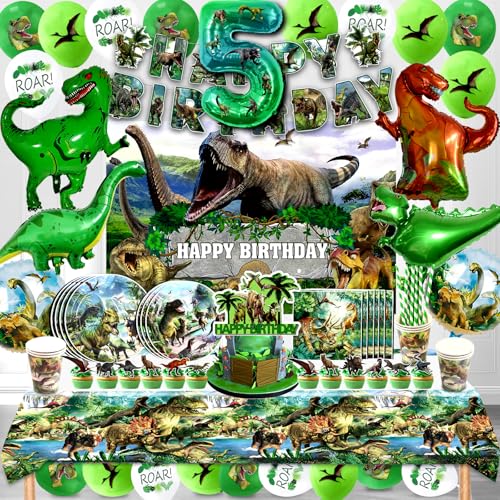 Dino Kindergeburtstag Deko 5 Jahre,Dinosaurier Geburtstag Luftballon 146 Pcs,Dino Party Deko Geburtstag Jungen Mädchen,Dino Kinder Partygeschirr Set,Dino Ballon Geburtstagdeko Kit von Cuidongsheng