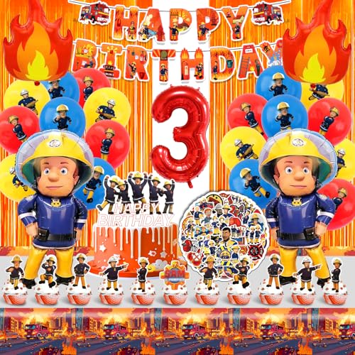 Feuerwehrauto Geburtstag Deko 3 Jahre,Feuerwehrmann Kindergeburtstag Ballon 110 Pcs,Feuerwehr Themed Party Dekoration mit Banner Tortendeko Tischdecke Aufkleber,Feuerwehr Luftballon Set von Cuidongsheng