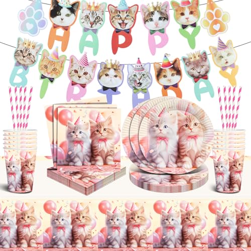 Katze Deko Kindergeburtstag,Katzen Deko Geburtstag Mädchen,Katzen Partygeschirr Kit mit Servietten Teller Tischdecke Banner,Haustier Geburtstagdeko Jungen,Katzenmotiv Party Dekoration von Cuidongsheng