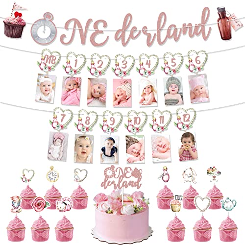 Alice in Onederland Banner Foto Banner mit 13 Stück Alice im Wunderland Cupcake Topper 1. Geburtstag Dekor für Mädchen Baby First Birthday Party Supplies von Cumule