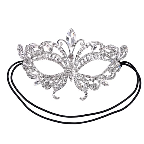 Cupimatch Partymaske für Damen: Halbes Gesicht Maske Weiß Prinzessin Maske Legierung Damen Venezianische Maske mit Strass - Halloween Maske Abschlussfeier von Cupimatch