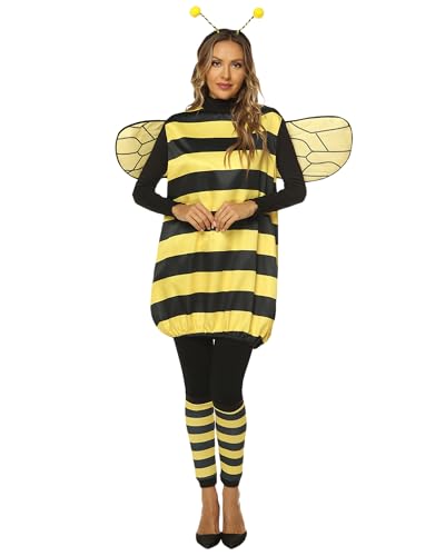 Cusghjbsg Cosplay-Kostüm-Set für Damen, Bienenkleid mit Flügeln, Stirnband, Beinärmeln für Halloween, Rollenspiel, Motto-Party, Anzug (Gelb, Erwachsene, M) von Cusghjbsg