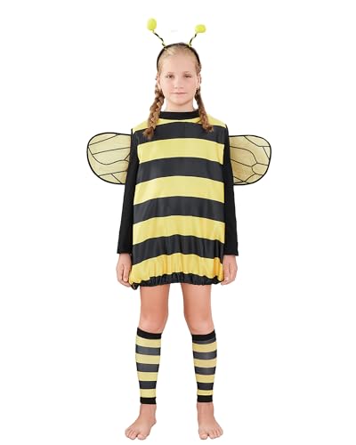 Cusghjbsg Frauen Cosplay Kostüm Set Bienenkleid mit Flügeln Stirnband Beinärmel für Halloween Rollenspiel Motto Party Anzug (Gelb Kinder, 3-4 Jahre) von Cusghjbsg