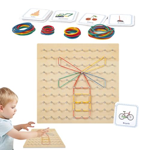 Cushangty Geoboards mit Gummibändern,Holz-Geoboard,Geometrisches kreatives Nagelbrett - Grafisches Lernspielzeug aus Holz, mit 50 Musterkarten und 80 Gummibändern für Figuren und Formen von Cushangty