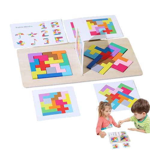 Cushangty Holzpuzzleblock, Holzpuzzleblöcke für Kinder | Farbformmuster-Puzzle,Früherziehung Holzmusterblöcke Set Tangram-Rätsel für Kleinkinder von 3–5 Jahren von Cushangty