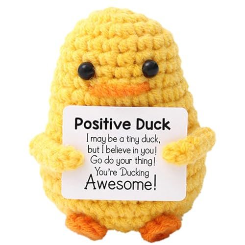 Cushangty Positive Ente,Lustige Positive Entenpuppe,Gestrickte Puppe Mit Positive Karten,Taschenstrick Entenspielzeug,Häkelnde Emotionale Unterstützung Inspirierende Entenpuppe von Cushangty