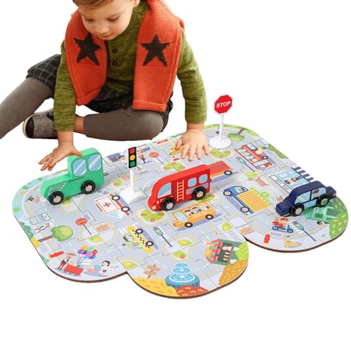 Cushangty Stadtstraßen-Puzzle,Stadtstraßen-Lernrätsel,Straßenbau-Puzzle aus Holz | Hölzernes Stadtverkehrspuzzle für Kinder, pädagogisches Lernpuzzle für und Mädchen von Cushangty