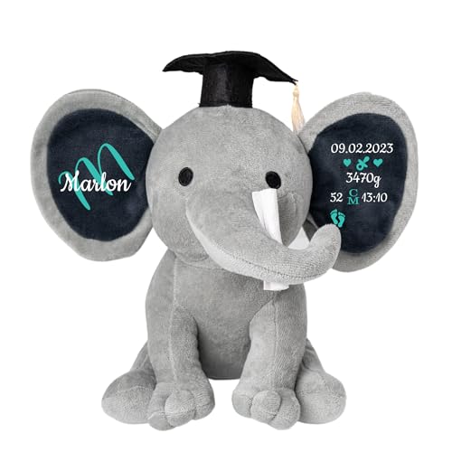 Cusmiz Personalisierte Geschenke Baby Elefant Junge Kuscheltier Mädchen Plüsch Geschenkidee zur Geburt & Taufe Personalisiert mit Namen Geburtsdatum Taufspruch Abitur Mütze (Grau) von Cusmiz