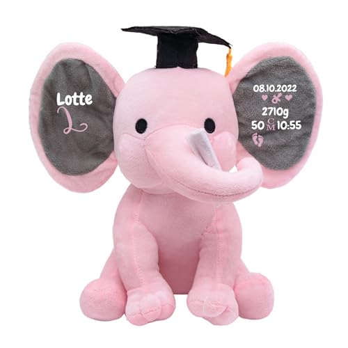 Cusmiz Personalisierte Geschenke Baby Elefant Junge Kuscheltier Mädchen Plüsch Geschenkidee zur Geburt & Taufe Personalisiert mit Namen Geburtsdatum Taufspruch Abitur Mütze (Rosa) von Cusmiz