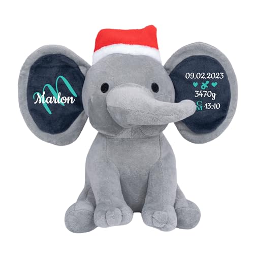 Cusmiz Personalisierte Geschenke Baby Elefant Junge Kuscheltier Mädchen Plüsch Geschenkidee zur Geburt & Taufe Personalisiert mit Namen Geburtsdatum Taufspruch Weihnachtsmütze (Grau) von Cusmiz