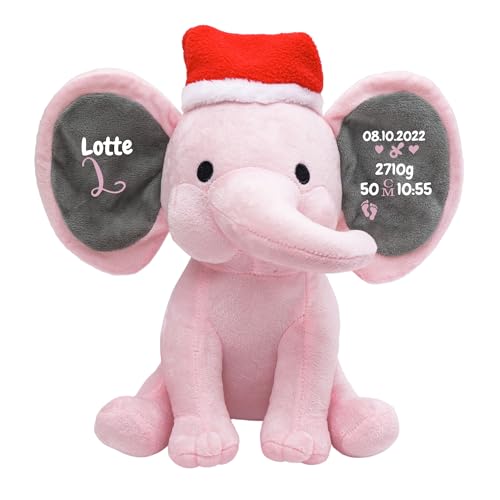 Cusmiz Personalisierte Geschenke Baby Elefant Junge Kuscheltier Mädchen Plüsch Geschenkidee zur Geburt & Taufe Personalisiert mit Namen Geburtsdatum Taufspruch Weihnachtsmütze (Rosa) von Cusmiz