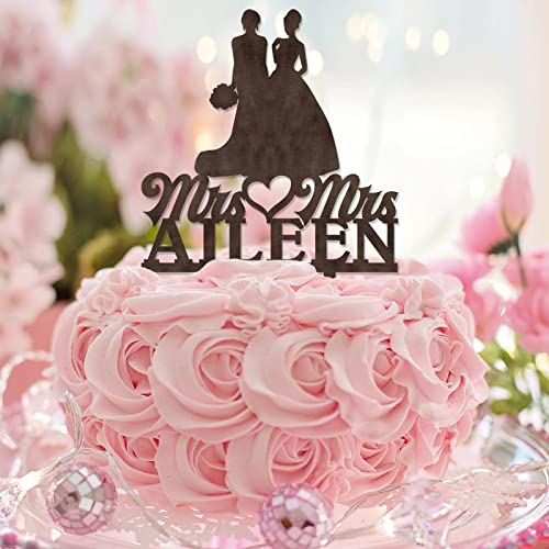 Tortenaufsatz "Mrs & Mrs" aus Holz, Silhouette mit zwei Bräuten, rustikaler Hochzeitstortenaufsatz, 2 Frauen, Hochzeitsparty-Zubehör, individueller Familienname, Datum, lesbisches Paar, Geschenke von CustonCares