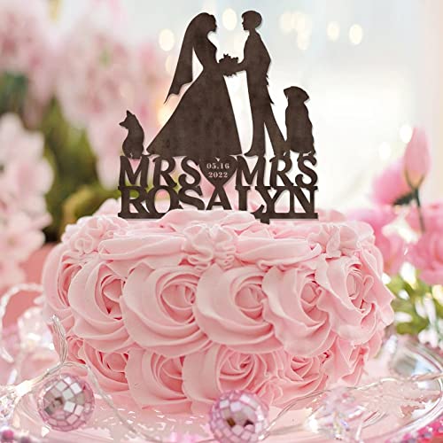 Tortenaufsatz für lesbische Hochzeitstorte mit Hund und Katze, zwei Bräute, Silhouette, zwei Frauen, Hochzeit, Party, Gastgeschenke, personalisierbar, Name, Hochzeit, Datum, lesbisches Paar, Geschenk, von CustonCares