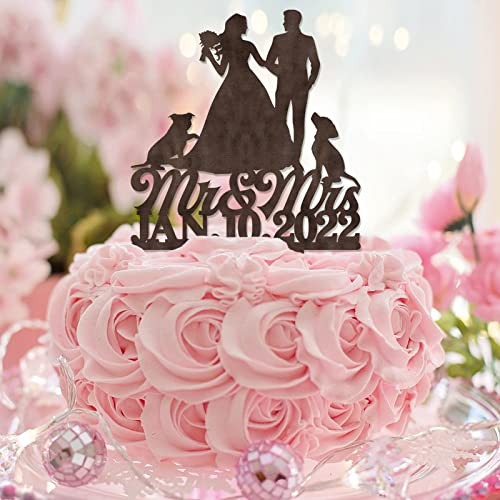 Tortenaufsatz mit Aufschrift "Mr & Mrs", Holz-Silhouette mit Hund und Katze, personalisierbar, Nachname, Datum, Landbraut und Bräutigam, Kuchendekoration für Hochzeit, Brautparty, Party-Dekoration, von CustonCares