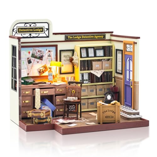 Cuteefun DIY Miniatur Haus Puppenhaus, Holzpuppenhaus mit LED, Winziges Haus Bausatz für Erwachsene zum Bauen, Einzigartiges Geschenk zum Geburtstag Weihnachten(Detektivhütte) von Cuteefun