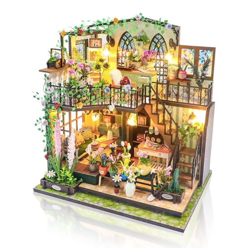 Cuteefun DIY Miniatur Haus Puppenhaus, Holzpuppenhaus mit LED, Winziges Haus Bausatz für Erwachsene zum Bauen, Einzigartiges Geschenk zum Geburtstag Weihnachten(Gewächshaus) von Cuteefun