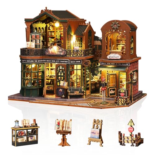 Cuteefun DIY Miniatur Haus Puppenhaus, Holzpuppenhaus mit LED, Winziges Haus Bausatz für Erwachsene zum Bauen, Einzigartiges Geschenk zum Geburtstag Weihnachten (Dämmerung Buchstadt) von Cuteefun