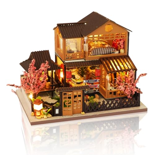 Cuteefun DIY Miniatur Haus Puppenhaus 1:36, Mini Puppenhaus mit LED, Holzhandwerk für Erwachsene Teenager zum Bauen, Geburtstag (Kirschblüten Hof) von Cuteefun