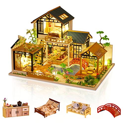 Cuteefun DIY Miniatur Puppenhaus Kit zum BAU Miniatur Haus mit Musik Möbeln und Werkzeugen Selber Bauen Kreative Bastelgeschenkidee Geburtstag Vatertag(Grüner Hof) von Cuteefun